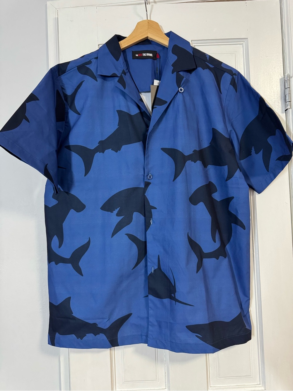 Men's Blue Shark-Print Short Sleeve Button-Down Shirt